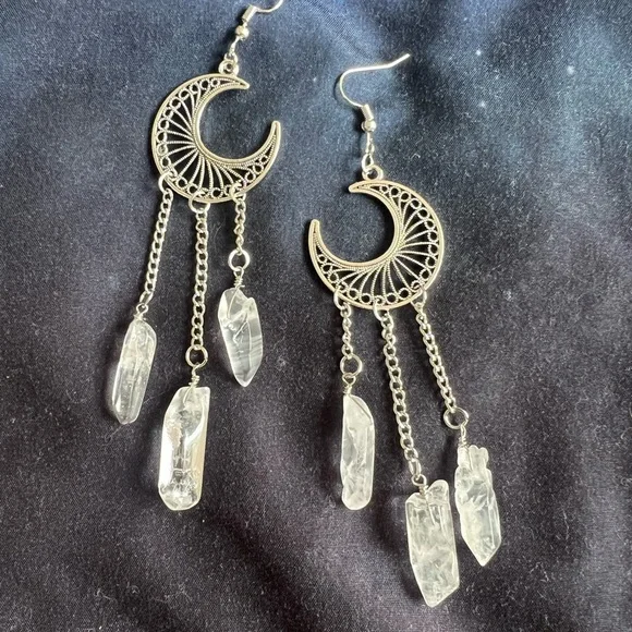 Celestial Moon + Triple Quartz Earrings - Picture 4 of 5
